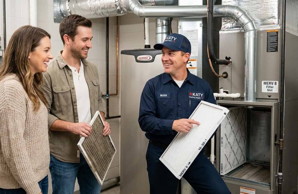 furnace repair technician maintaining furnace in house of Katy,tx